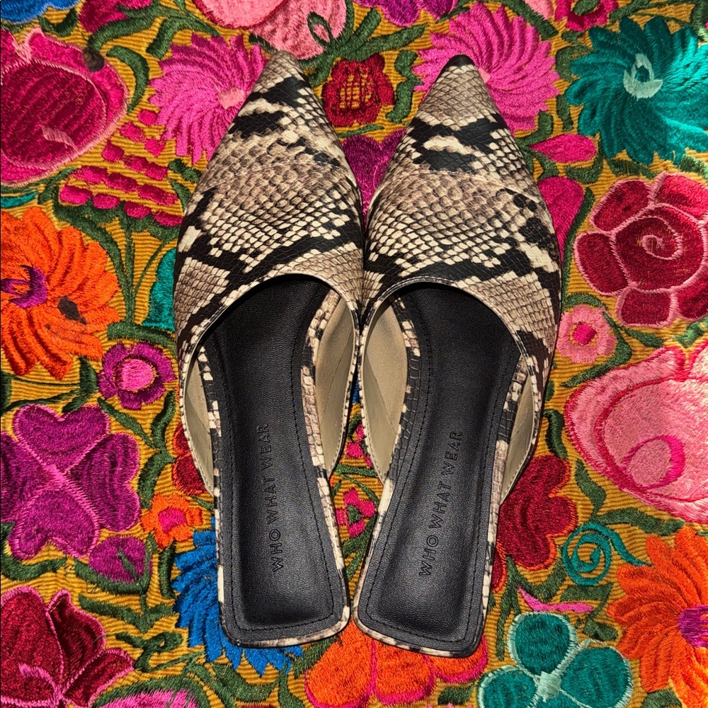 WhoWhatWear Faux Snake Skin Pointed Toe Flats Mules